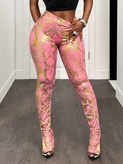 BamGleam Women's Mid-Rise Slim Fit Fashionable Gold Pants