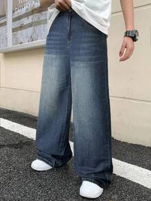 SHEIN 青少年男童休闲日常水洗斜插口袋宽松阔腿牛仔裤，秋季款 - 中等水洗藍 - 查看 3