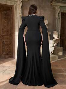 Aureia Plus Size Elegant& Black Spring Formal Evening Prom Gown,Silver Rhinestone Trim, Hollow-Out,Extra Long Flutter Sleeves,High Side Slit - Black - View 4