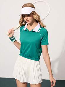 Gameset SHEIN Sport Women's Casual Fitness Tennis Contrast Color Collar Sports Polo Shirt - Green - View 7