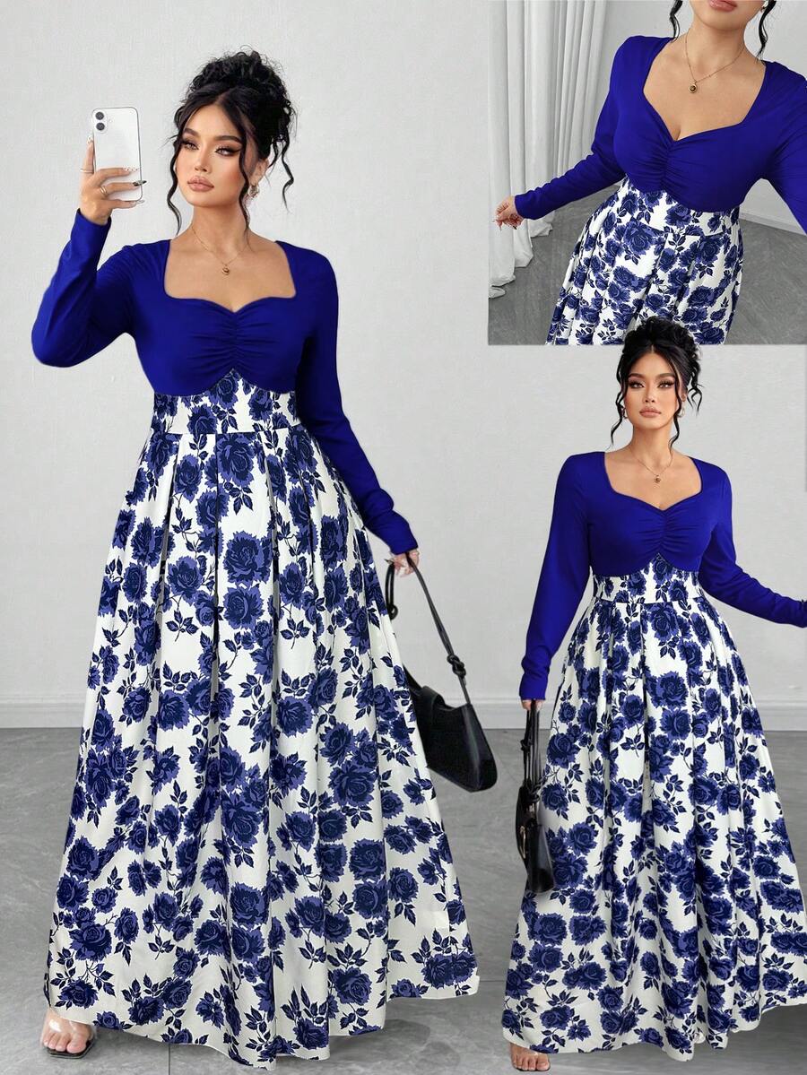 Elenzga 大码碎花甜心领优雅长袖连衣裙 - 藏蓝色 - 查看 1