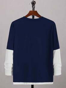 SHEIN Teen Boys' Colorblock 2 In 1 T-Shirt, Casual, Comfortable, Fashionable, Versatile, Soft Fabric, Suitable For Daily Wear, School, Travel, Outdoor Activities, Back To School, Autumn/Winter Blue Teen Shirts Long Sleeve Tops Boys Royal Blue And White Shirt Long Sleeve Shirts - Navy Blue - View 3