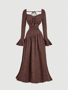SHEIN MOD 女士荷叶边甜心领系带喇叭袖优雅连衣裙，秋冬季，女士秋季服装，感恩节连衣裙，新年连衣裙，派对连衣裙，女士优雅连衣裙，时尚秋季，圣诞节连衣裙，节日女士服装，棕色连衣裙，保暖 - 棕色 - 查看 2