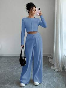 Modelyn Women's Solid Color Single-Breasted Collar Long Sleeve Top And Drawstring Waist Loose Wide Leg Pants 2 Pieces Set - Baby Blue - View 1