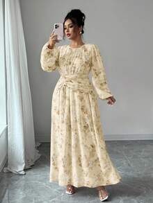 Modelyn Chiffon Butterfly Print Ruched Round Neck Long Sleeve Dress - Yellow - View 7