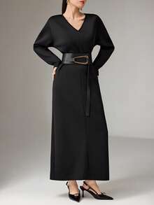 Heiryn V-Neck Waist Cinched Slimming Elegant & Comfortable Dress - Black - View 3