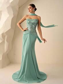 Coutiva 优雅抹胸上衣，串珠亮片缝边雪纺鱼尾裙摆派对礼服，适合生日派对、婚礼宾客、晚宴、毕业典礼等场合。 - 綠色 - 查看 12