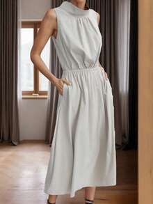 Aalyst 圆领无袖松紧腰连衣裙，时尚夏日风格 - 卡其色 - 查看 4
