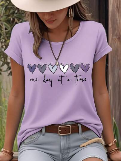 SHEIN LUNE Herz & Buchstaben Grafik Rundhals Kurzarm modisches Frauen T-Shirt