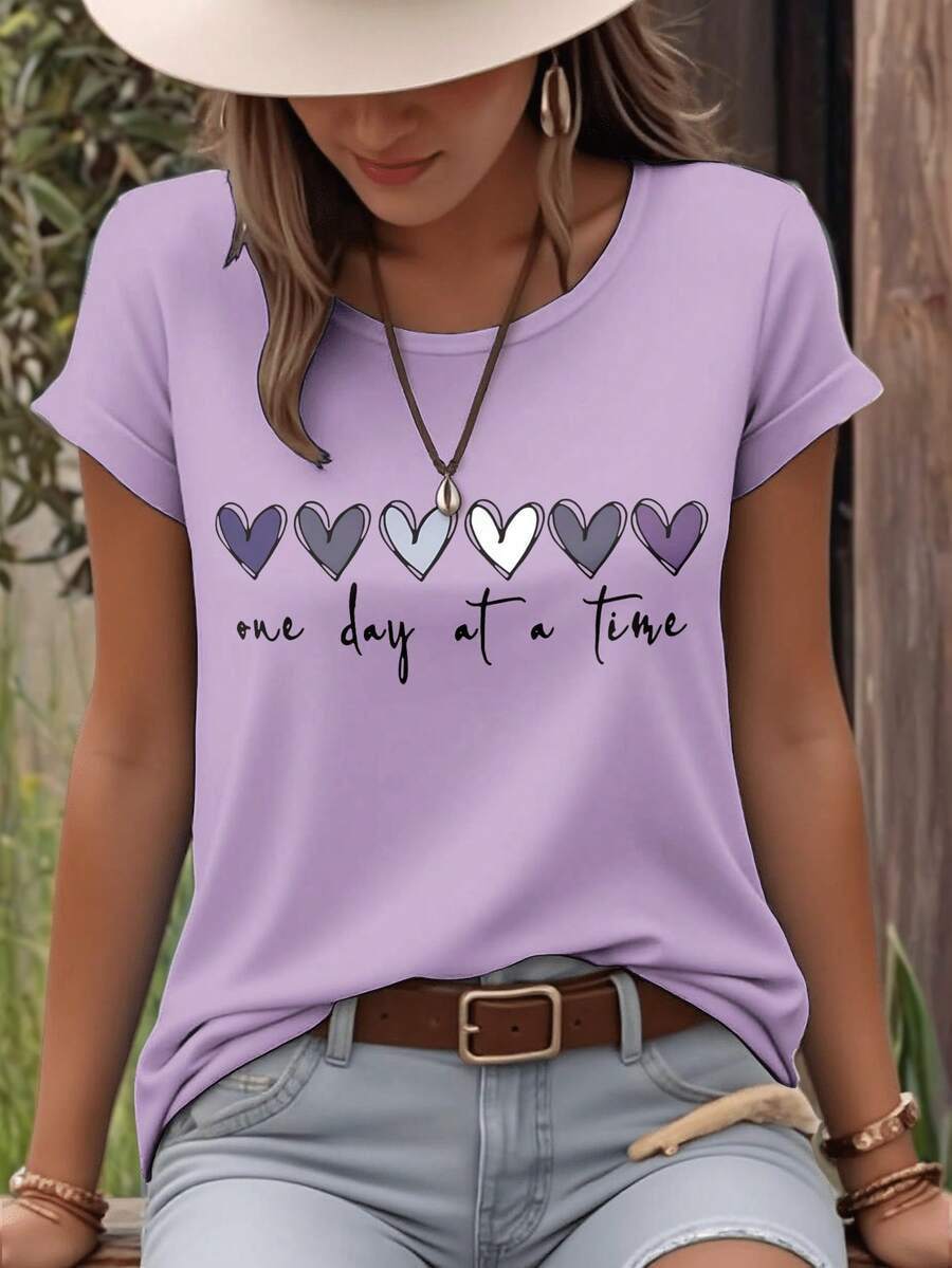 SHEIN LUNE Heart & Letter Graphic Round Neck Short Sleeve Fashionable Women T-Shirt - Purple - View 1