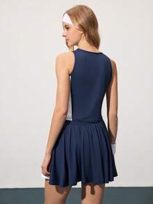 CourtClass 女士圆领无袖休闲撞色拼接网球上衣，夏季