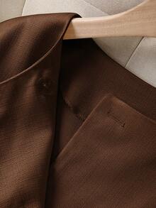 Franclia Setelan Dua Potong Elegan Warna Polos Rose Gold dengan Kancing 3D dan Leher Bulat Lengan Panjang untuk Wanita - Coffee Brown - View 5