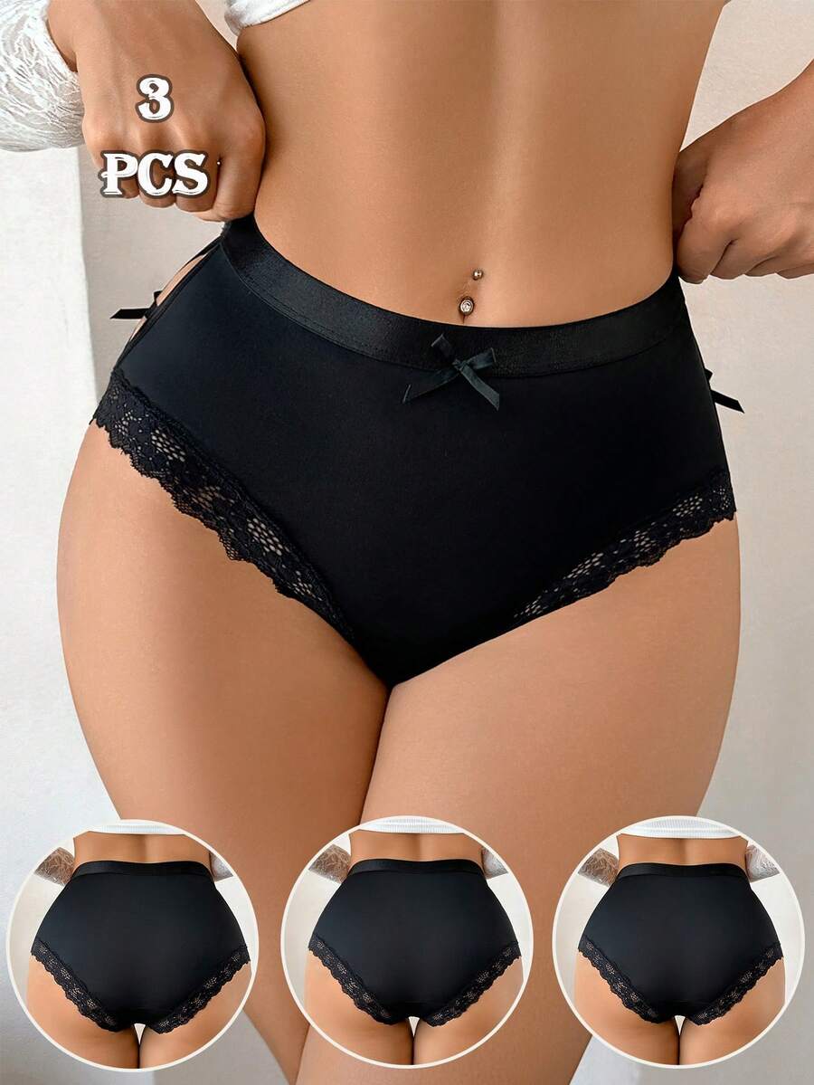 DesireSculpt Quần lót ren họa tiết nơ đen tương phản dành cho nữ 3 chiếc - màu đen - Xem 1