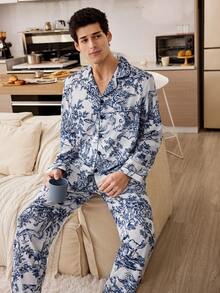 CoupledUp Chinese Style Figure Print Long Sleeve & Pants Men's Pajama Set - Multicolor - View 2