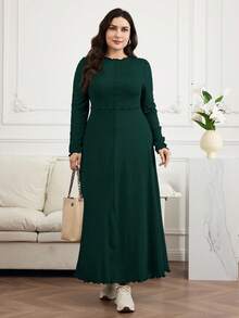 Mulvari Plus Size Elegant Solid Color Minimalist Lettuce Hem Long Sleeve Dress, Autumn - Dark Green - View 5