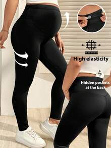 SHEIN Black Adjustable Waist Maternity Leggings With Hidden Back Pockets. Comfortable And Slim Fit.