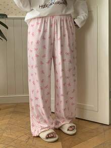 Dazy Plus 松紧腰宽松直筒蝴蝶印花可爱睡裤，春秋季 - 粉色 - 查看 7