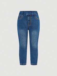 SHEIN 2pcs/Set Young Girls' Navy Blue & Light Blue Denim Thermal Lined Elastic Skinny Pants, Autumn/Winter - Multicolor - View 8