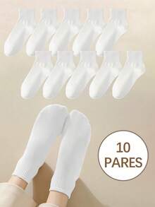 10 Pares de Calcetines Lisos Tobilleros Para Mujer, Calcetines Unitalla - Blanco - Ver 5