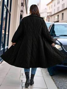 EMERY ROSE Plus Size Black Elegant Collar Waist Cinched Midi Length Flared Quilted Padded Coat - Black - View 2