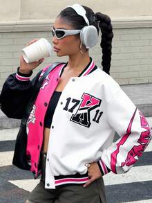 SHEIN Girlism Teen Girls Casual Street Baseball Jacket, Long Sleeve Fitted Pink White Black Logo Graphic Print Coat, Autumn/Winter - Multicolor - View 8