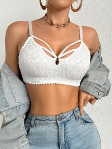 DesireSculpt 1pc Women's Leopard Print Hollow Design Wireless Bra - White - View 9