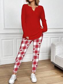 SHEIN LUNE 2pcs/Set Women Long Sleeve T-Shirt And Leggings, Autumn/Winter Valentine's Day Outfits And Matching Sets - Valentine's Day Date And Home Wear - Valentine's Day Heart Red Sets For Women 2 Piece Casual Sets Woman Red Gingham Set - Multicolor - View 3