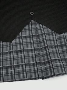 Sweetra 大码女式格子拼接修身衬衫 - 黑色 - 查看 4