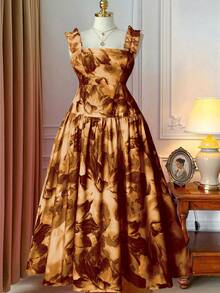 SHEIN Clasi Plus Size Square Neck Spaghetti Strap Ruffle Hem Cinched Waist Low Waist Slimming A-Line Spring/Summer Vacation French Elegant Tie-Dye Print Maxi Dress - Coffee Brown - View 1