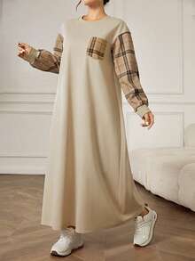 Modelyn Vestido largo casual de mujer a cuadros con parches, otoño/invierno - Albaricoque - Ver 6