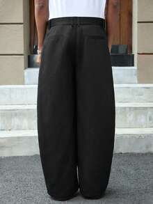 男士纯色褶裥休闲裤，带腰带环，宽松版型，男士宽松直筒休闲裤，男士阔腿裤，黑色宽松裤，Swavvy 男士阔腿裤，Sumwon 男士阔腿裤 - 黑色 - 查看 2