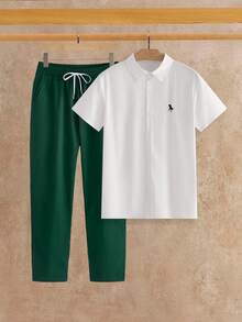 HIMLAND Bộ áo sơ mi tay ngắn họa tiết ngựa và quần dài thường ngày cho nam, mùa hè - Nhiều màu - Xem 6