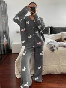 DAZY 2pcs Women Puppy Pattern Loose Knit Cardigan Long Sleeve And Pants Pajama Set, Autumn/Winter - Grey - View 6