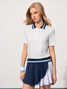 Gameset SHEIN Sport 撞色领短袖插肩休闲夏季运动Polo衫高尔夫球衫女款Polo衫女式Polo衫女式高尔夫服装运动裙网球高尔夫女式高尔夫服装 - 白色 - 查看 3
