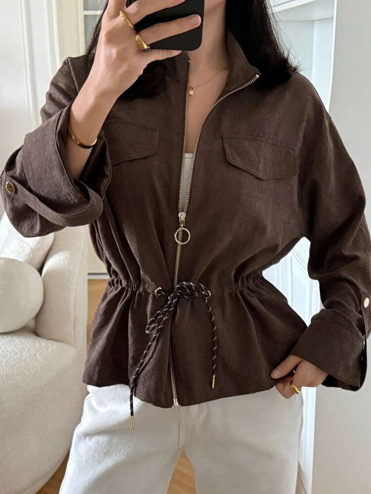 Women's Zip-Up Cinched Waist Regular Jacket, Autumn/Winter Women Coats