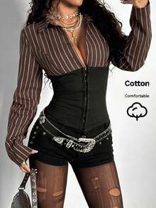 StreetHx 街头服饰女式条纹拼色腰部收紧长袖衬衫，秋季 - 棕色 - 查看 1