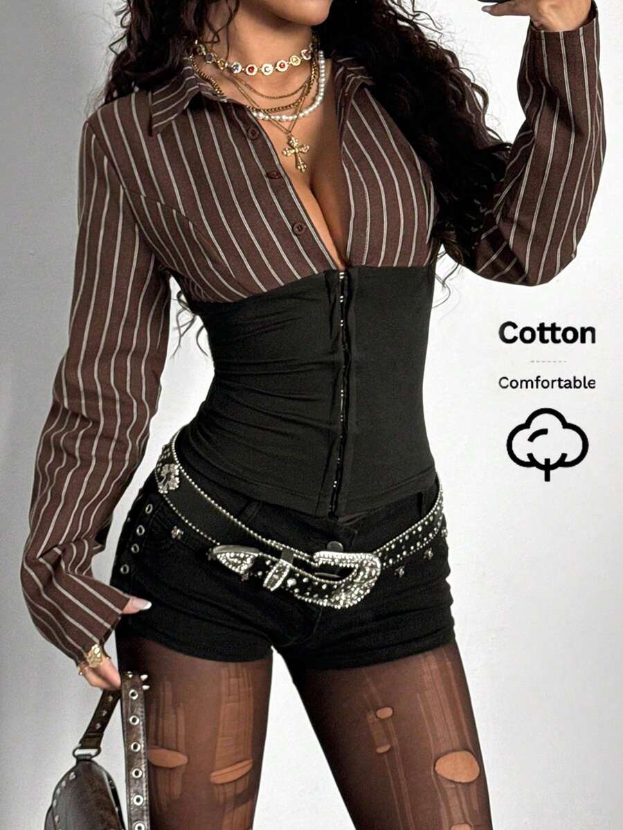 StreetHx 街头服饰女式条纹拼色腰部收紧长袖衬衫，秋季 - 棕色 - 查看 1