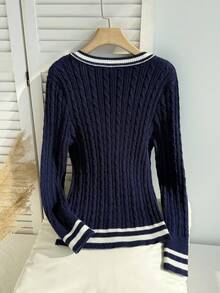 SHEIN EZwear 拼色V领长袖宽松休闲大码毛衣 - 寶藍色 - 查看 8