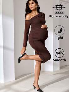 MaterniWear Elegant Brown Winter Maternity Dress,Pregnant Women Ruched Oblique Shoulder One Sleeve Fitted Bodycon Dress For Pregnancy Photoshoot & Party Wear - Coffee - View 9