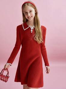 Tween Girls Colorblock Polo Collar Long Sleeve Sweater Dress - Red - View 5