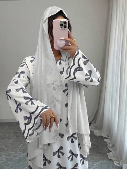 Yasmyna 女士雪纺蝴蝶结印花宽松长袖阿拉伯连衣裙