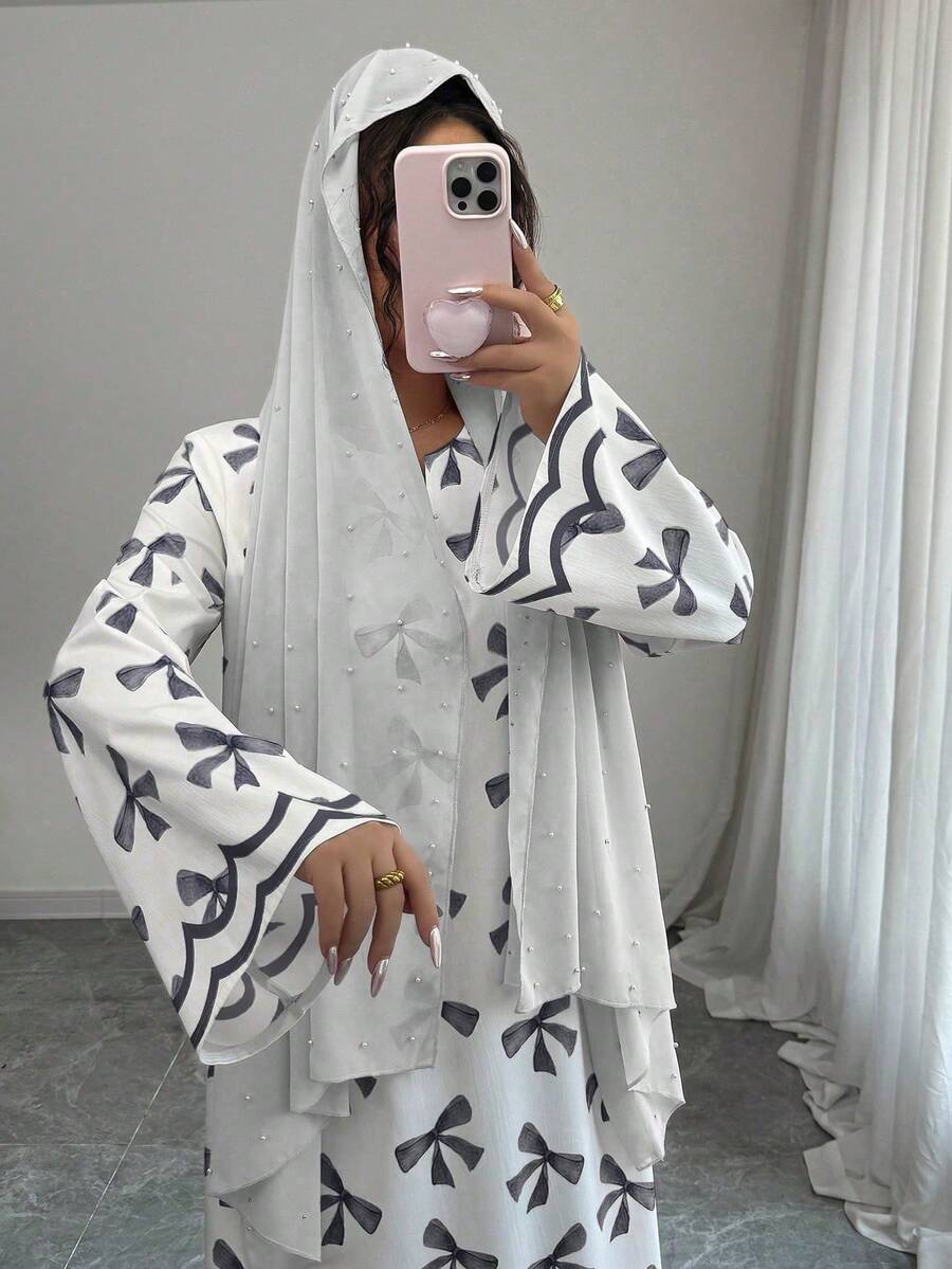 Yasmyna 女士雪纺蝴蝶结印花宽松长袖阿拉伯连衣裙 - 黑色 - 查看 1