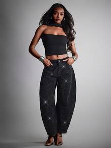 Hauture Sexy Party Night Out Rhinestone Embellished Pocket Flared Loose Fit Jeans - Black - View 1