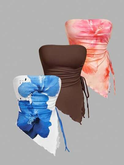 SHEIN MOD Conjunto de múltiples piezas que incluye: top corto ajustado, blusa con volantes atados a la cintura, top bandeau con estampado retro, blusa de otoño, y prenda superior exterior