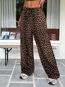 SHEIN EZwear Spring/Summer Casual Leopard Loose Straight Wide-Leg Pants For Street Style