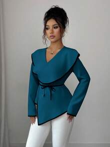 Elenzga 女士交叉V领长袖修身腰部系带撞色拼接优雅衬衫 - 藍色 - 查看 3