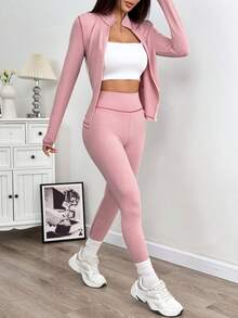 SHEIN EZwear Women's Yoga Sports Contrast Stitch Stand Collar Slim Fit Jacket And Leggings Set, Pink - Pink - View 6