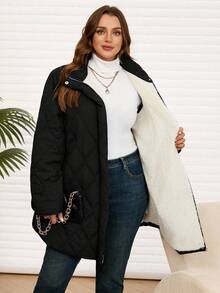 EMERY ROSE Plus Size Women's Solid Color Long Sleeve Zip-Up Casual Fleece Jacket, Winter - Black - View 8