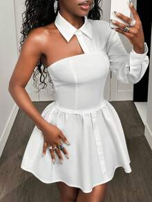 BamGleam 纯色褶皱肩部修身荷叶边下摆连衣裙 - 白色 - 查看 1