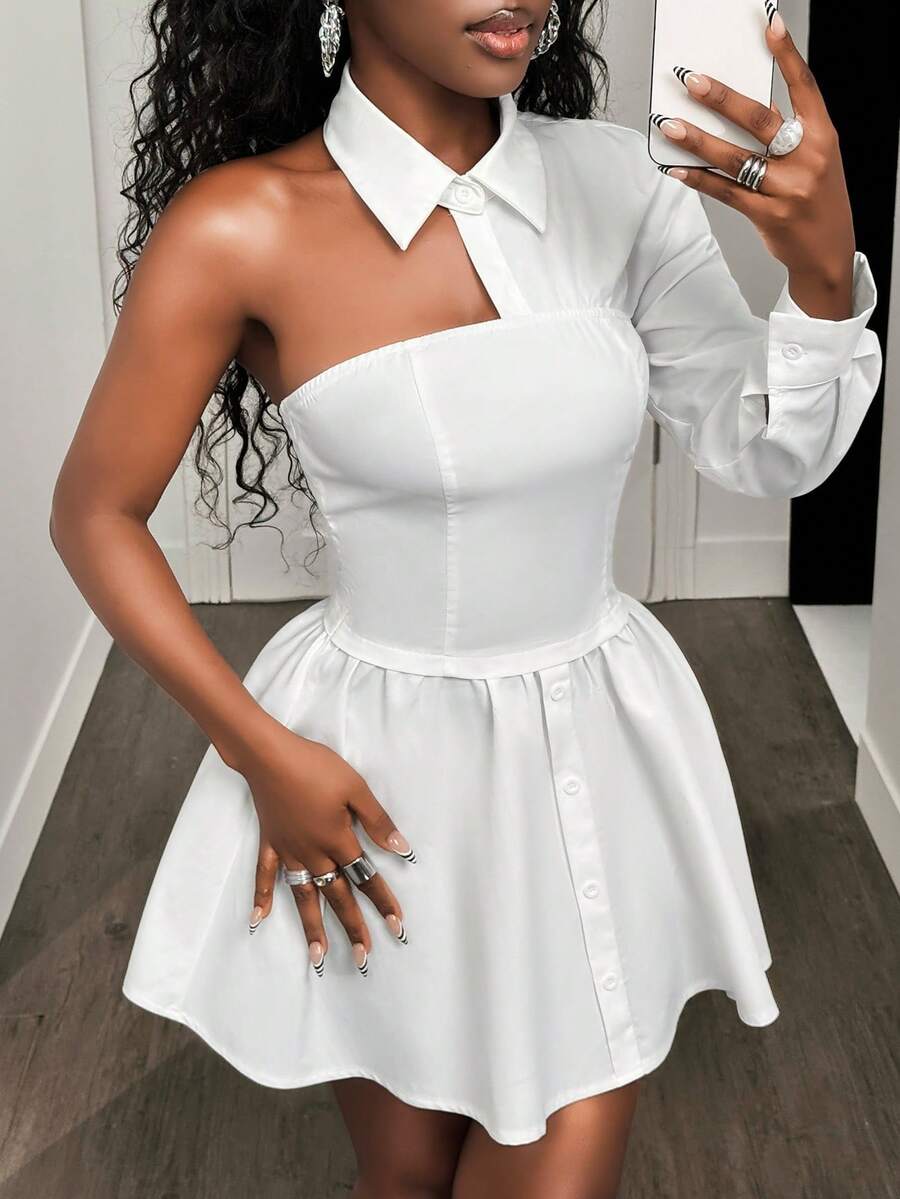 BamGleam 纯色褶皱肩部修身荷叶边下摆连衣裙 - 白色 - 查看 1